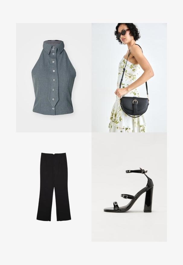 Siv grel brezrokavnik z visokim ovratnikom in gumbi spredaj, ki se ponaša s strukturiranim oblikovanjem in gladko teksturo tkanine.; Črne hlače ravnega kroja z naglavnimi žepi in stranskimi razporki na robu. Narejene iz mehke, gladke tkanine. Primerne za različne priložnosti.; Črne lakirane sandale s peto, kvadratnim prstom, trakovi okrog gležnja in srebrnimi zaponkami. Opremljene so s stabilno Debelo peto.; Črna usnjena torbica s ukrivljeno obliko, z odstranljivo naramnico in zlatimi dodatki. Torbica ima pokrov s podrobnostmi v obliki zaponke.