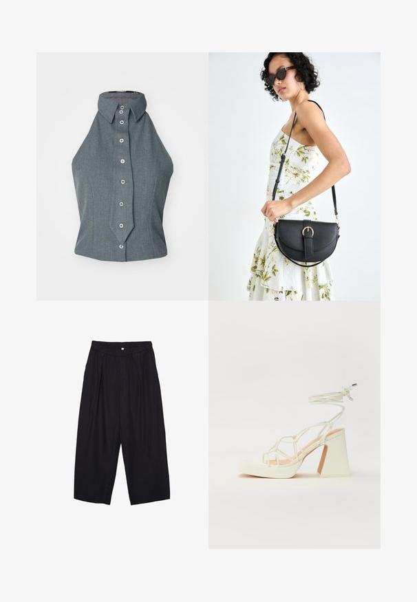 Top grigio senza maniche con colletto alto e bottoni davanti, che presenta un design strutturato e una consistenza del tessuto liscia.; Pantaloni culotte neri in poliestere con una cintura elastica, due pieghe frontali e una silhouette ampia. Nessun motivo visibile o dettagli in metallo.; Sandalo bianco con tacco alto, caratterizzato da un design a cinturini e un legaccio alla caviglia. Texture liscia con una piattaforma frontale per un'altezza aggiuntiva.; Borsa a tracolla nera in pelle con una forma curva, manico rimovibile e accessori dorati. La borsa presenta una patta con un dettaglio a fibbia.