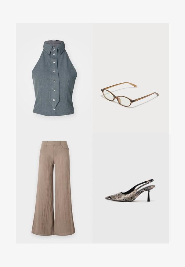 Haut sans manches gris avec un col haut et des boutons sur le devant, présentant un design structuré et une texture de tissu lisse.; Pantalon large beige clair avec une finition texturée, présentant une taille haute, des poches avant et une silhouette fluide et ample.; Chaussures slingback à bout pointu en matériau à imprimé serpent texturé, avec un talon noir fin et un design découpé sur les côtés.; Lunettes en écaille de tortue marron avec des verres ovales, des branches fines et des accents transparents. Présente un logo subtil sur la branche. Design élégant et léger.