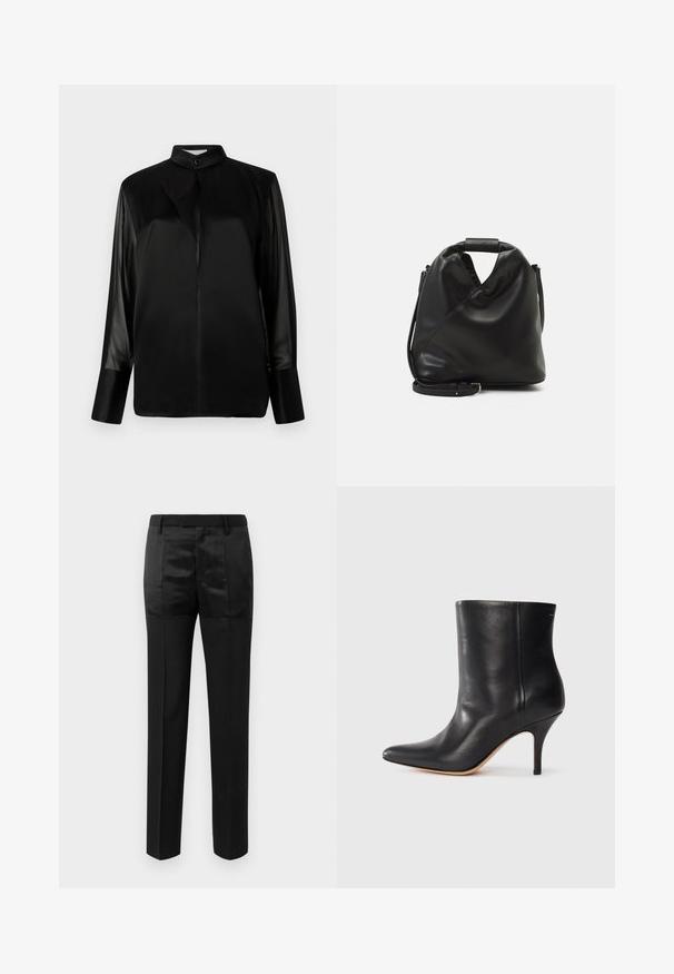 Blusa nera con colletto alto, maniche lunghe in tessuto trasparente, dettaglio fiocco al collo, realizzata in morbido satin, chiusura frontale con bottoni.; Pantaloni neri su misura con gamba dritta e una vita con passanti per cintura, caratterizzati da un mix di pannelli di tessuto opaco e lucido.; Stivale alla caviglia in pelle nera con punta affilata, sottile tacco a stiletto e superficie liscia. Design minimalista senza hardware o accenti visibili.; Borsa nera in pelle morbida con un design unico e attorcigliato. Presenta una maniglia corta e una tracolla removibile. Stile minimalista.
