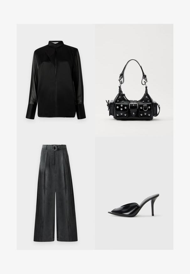 Juoda bluzelė su stovinčiu apykaklė, ilgos permatomos rankovės, kaklo detalė su kokarde, pagaminta iš lygios satino medžiagos, priekyje su mygtukų užsegimu.; Platus kojų kelnes tamsiai pilkos spalvos, su lygiu paviršiumi, klostėmis ir diržu su sidabriniu sagtimi aukšto liemens.; Juodos odinės aukštakulnės mules su atvira pirštine, smailiu dizainu, lygiu paviršiumi ir plonu stiletto kulnu.; Juodas odinis rankinukas su kreiviu dizainu, su sidabro spalvos knopkėmis, užsegimu ir dviem šoninėmis kišenėmis. Reguliuojama dirželis nešimui.