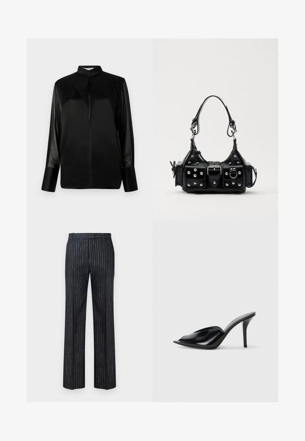 Black blouse with a stand-up collar, long sheer sleeves, bow tie detail at the neck, made of smooth satin fabric, front button closure.; Dark striped trousers featuring a wide-leg design, made from textured fabric with vertical silver pinstripes. Flat front and belt loops.; Black leather high-heeled mules with an open toe, pointed design, smooth texture, and a slim stiletto heel.; Black leather handbag with a curved design, featuring silver studs, a buckle, and two side pockets. Adjustable strap for carrying options.