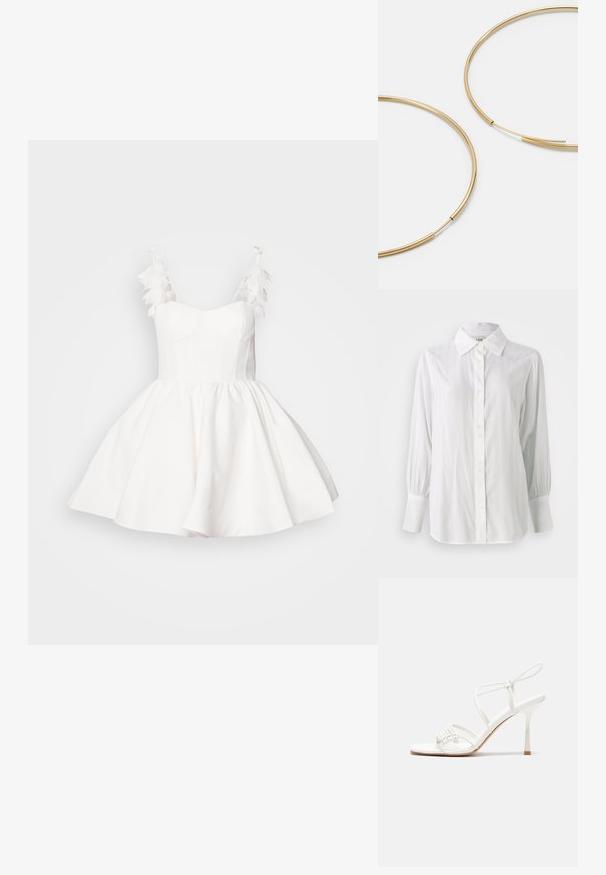 Weißes Button-Down-Hemd mit vertikalen Streifen, langen Puffärmeln und klassischem Kragen. Verfügt über eine Reihe von fünf Knöpfen auf der Vorderseite.; Weißes Kleid mit einem taillierten Oberteil und einem weiten Rock. Verfügt über Federschmuck an den Trägern und einem glatten, strukturierten Stoff.; Weiße, geschnallte High-Heel-Sandalen mit flacher Zehenbasis, strukturiertem Vorderteil mit gerafften Akzenten und schlankem Knöchelriemen.; Goldfarbene Ohrringe in Form von dünnen, runden Kreolen, mit einer glatten, metallischen Oberfläche und ohne Verzierungen oder Muster.