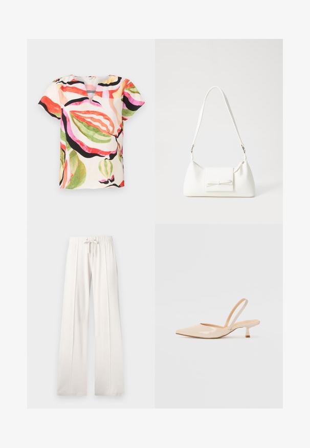 Kortermet bluse i lett stoff, med V-hals og et fargerikt bladmønster i nyanser av rosa, rød, grønn og svart.; Lyse beige joggebukser laget av mykt stoff, med snor i livet, vide ben og vertikale sømmer, med en jevn tekstur.; Beige patenterte lærremmer med spiss tå og slank, firkantet hæl. Glatt tekstur og minimalistisk design uten dekorasjoner.; Hvit syntetisk håndveske med trekantet form, flat klaff foran og sløyfe detaljer, justerbar stropp, glatt tekstur og minimalistisk design.