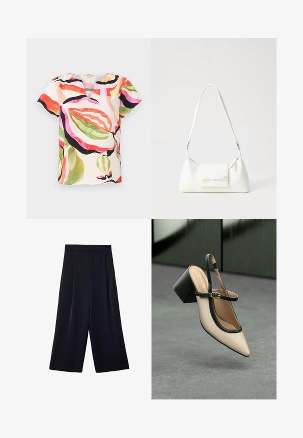 Bluzica kratkih rukava od lagane tkanine, s V-izrezom i šarenim uzorkom lišća u nijansama ružičaste, crvene, zelene i crne boje.; Široke crne hlače izrađene od lagane tkanine. Imaju nabran prednji dio, visok struk i slobodan kroj oko nogu.; Bež cipele s otvorenom petom i šiljastim vrhom, crnim obrubom, zlatnom kopčom i debelim blok-petom na sivom podu s tamnozelenom pozadinom.; Bijela sintetička torbica s trokutastim oblikom, ravnim prednjim poklopcem i detaljem u obliku mašne, podesivom remenom, glatkom teksturom i minimalističkim dizajnom.