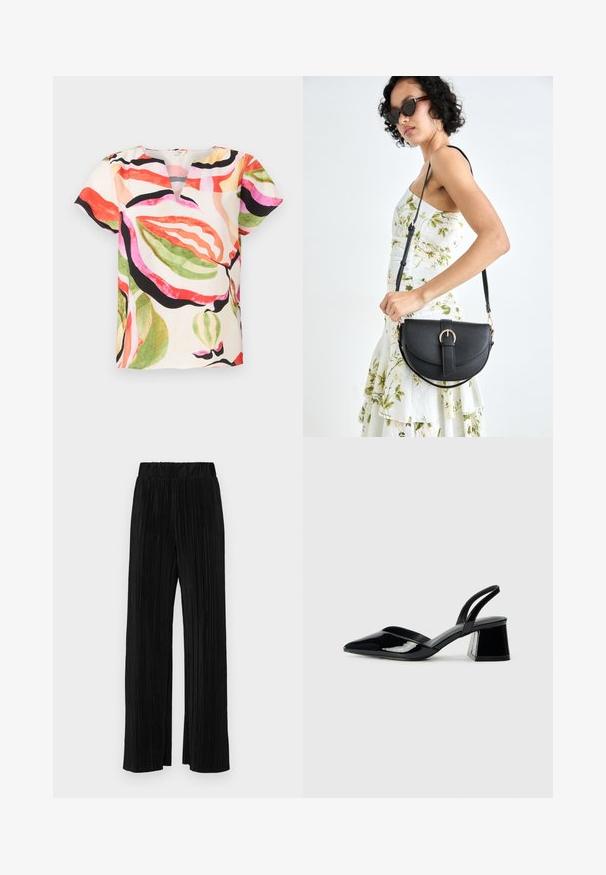 Bluzka z krótkim rękawem uszyta z lekkiego materiału, z dekoltem w kształcie litery V oraz kolorowym wzorem liści w odcieniach różu, czerwieni, zieleni i czerni.; Czarne spodnie plisowane z elastycznym paskiem w talii. Posiadają szerokie nogawki oraz gładki, teksturowany materiał z pionowymi paskami.; Czarne lakierowane półbuty na obcasie z wydłużonym noskiem i geometrycznym słupkiem. Charakteryzują się eleganckim, minimalistycznym designem oraz gładką fakturą.; Czarna skórzana torebka o zakrzywionym kształcie, z odpinanym paskiem i złotymi akcentami. Torebka posiada klapę z zapięciem w kształcie klamry.