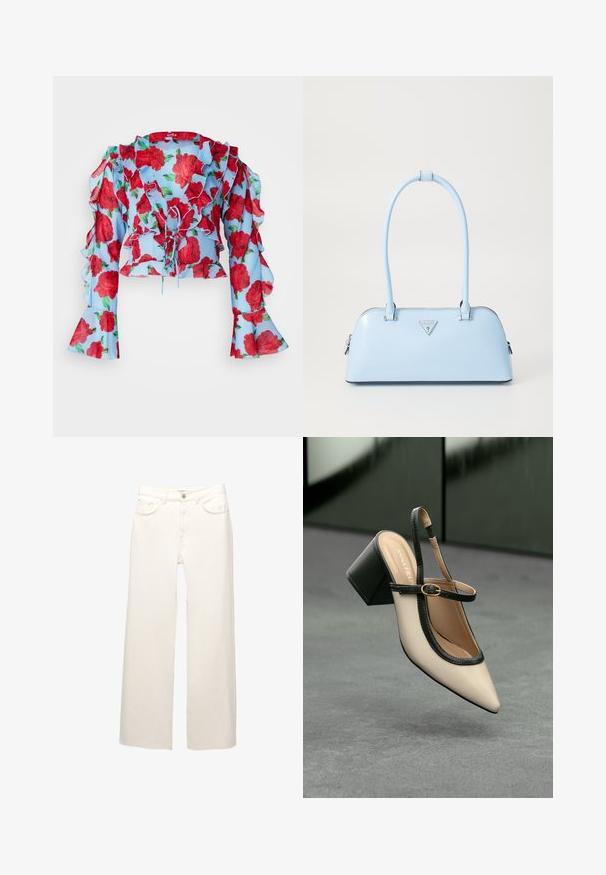 Cras BLOUSE - Blouse - blue; Witte wijde jeans van denim met vijf zakken, een rits en een knoopsluiting. De stof heeft een subtiele textuur en minimale stiksels.; Beige puntige slingback schoen met zwarte rand, gouden gesp en een chunky blokhak op een grijze vloer met een donker groene achtergrond.; Lichtblauwe handtas met een gestructureerde vorm, van soepel leer, met twee handvatten en een driehoekig merklogo aan de voorkant. Met ritsluiting.