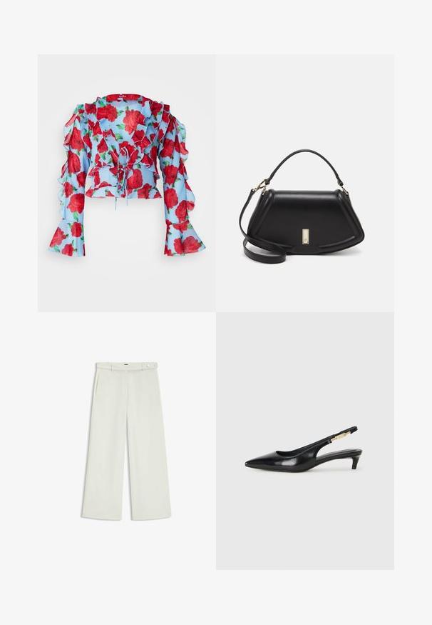 Cras BLOUSE - Camicetta - blue; Pantaloni a gamba larga in tessuto crema chiaro, dotati di tasche laterali, frontale liscio e chiusura a un bottone in vita. Texture morbida.; Tacchi slingback in pelle nera con punta affusolata, caratterizzati da un tacco alto e un accento dorato sulla cinghia regolabile. Texture liscia.; Borsa a mano in pelle nera con un design strutturato, caratterizzata da una forma corta, manico superiore e accessori in metallo dorato. Inclusa tracolla regolabile.