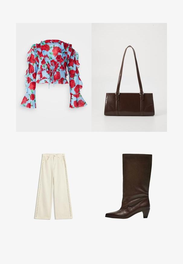 Cras BLOUSE - Blus - blue; Ljus crèmefärgade vida jeans med metallnitar längs de yttre sömmarna, fem fickor och en standard knappgylf.; Mörkbrun läderstövel i midikalvslängd med låg staplad klack, spetsig tå och något nedslagen skafthörn mot en vit bakgrund.; Brun blankläderväska med rektangulär form, två långa handtag och subtila böjda accenter på framsidan.