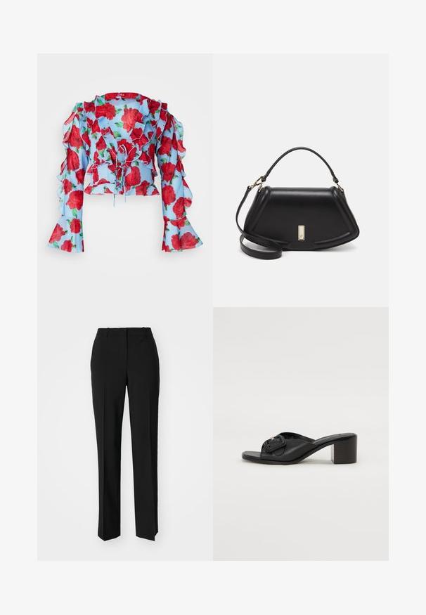 Cras BLOUSE - Pusero - blue; Mustat räätälöidyt housut suoraa lahjetta, joissa on sileä pinta ja terävät taitteet edessä. Ei näkyvää metalliosaa.; BOSS CHARLIZE - Korolliset pistokkaat - black; Mustalla nahkalaukulla, jossa on jämäkkä muotoilu, lyhyt malli, yläkahva ja kultaiset yksityiskohdat. Säädettävä olkahihna sisältyy.