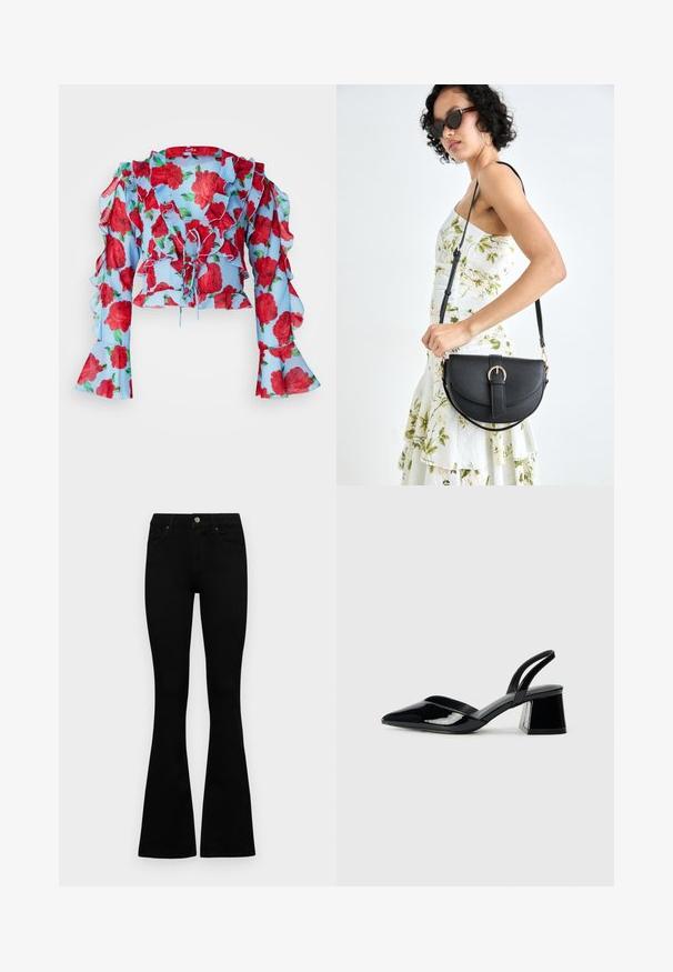 Cras BLOUSE - Bluza - blue; Crne traperice viskog struka s kopčanjem na gumb i rajfeslusu, prednjim džepovima i širom nogavicama položene su ravno na bijeloj pozadini.; Crne lakirane kožne sandale s otvorenom petom i špicastim vrhom, s geometrijskom blok petom. Imaju elegantan, minimalistički dizajn i glatku teksturu.; Crna kožna torba s lukovitim oblikom, odvojivim remenom i zlatnim detaljima. Torba ima preklop s kopčom.