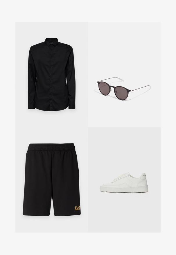 Sort langærmet skjorte med knapper lavet af glat stof, med en klassisk krave, frontknapper og et diskret logo over venstre bryst.; Sorte atletiske shorts lavet af blødt stof, med en elastisk talje og et lille gult EA7-logo nederst på venstre ben.; Hvide lædersneakers med en glat overflade, rund tå, flade snørebånd og en tekstureret sål. Har et diskret logo på hælen.; Sorte runde solbriller med mørke linser og slanke metalarme. Inkluderer klare tempeltips og sølvdetaljer ved hængslet. Minimalistisk design.