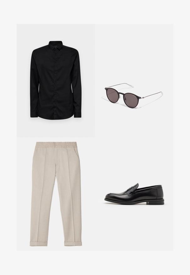 Melna garo piedurkņu pogājamā krekla izgatavots no gludas auduma, ar klasisku apkakli, priekšējo pogām un smalku logotipu kreisajā krūtī.; Filippa K TERRY CROPPED TROUSERS - Auduma bikses - sage melange; Melnas ādas kurpes ar gludu tekstūru, noapaļu purngalu un dekoratīvu siksniņu pāri priekšpusei. Zems sakrauts papēdis, minimālisma dizains.; Melni apaļi saulesbrilles ar tumšiem lēca un plānām metāla stangām. Iekļautas caurspīdīgas tempļu galviņas un sudraba akcenti pie eņģes. Minimalistisks dizains.