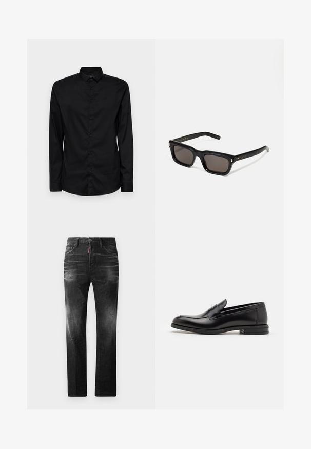 Crna košulja dugih rukava s gumbima, izrađena od glatkog tkanja, s klasičnim ovratnikom, malim logotipom i standardnim zatvaračem na gumbe.; Crne traperice od denima ravnog kroja. Imaju izbljedjela područja, male oštećenja, klasičan dizajn s pet džepova i kopčanje na dugme.; Crni kožni mokasini s glatkom teksturom, zaobljenim prstima i ukrasnom trakom preko prednjeg dijela. Niski slojeviti potplat, minimalistički dizajn.; Crne pravokutne sunčane naočale s tamnim lećama, debelim plastičnim okvirom, zlatnim akcentima na sljepoočnicama i logotipom marke ugraviranim na dršku.