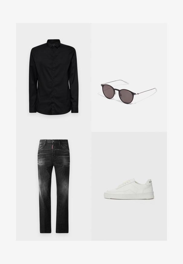 Sort langærmet skjorte med knapper lavet af glat stof, med en klassisk krave, frontknapper og et diskret logo over venstre bryst.; Sorte denim jeans med lige pasform. Har falmede områder, mindre slid, klassisk fem-lommer design og knaplukning.; Hvide lædersneakers med en glat overflade, rund tå, flade snørebånd og en tekstureret sål. Har et diskret logo på hælen.; Sorte runde solbriller med mørke linser og slanke metalarme. Inkluderer klare tempeltips og sølvdetaljer ved hængslet. Minimalistisk design.