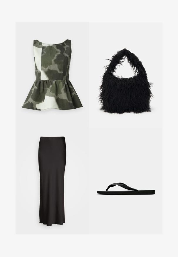 Top peplum realizat dintr-un material cu model în camuflaj în nuanțe de verde și bej, având un corset ajustat și un tiv volanat evazat.; Fustă lungă, din satin negru, cu o textură netedă, talie ajustată și siluetă în A, fără broderii sau modele vizibile.; Sandala flip-flop din cauciuc negru, cu un bretele texturat și o talpă simplă și plată, prezentată din lateral pe un fundal simplu și deschis.; Even&Odd Geantă de pânză - black