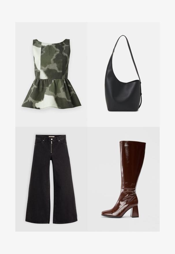 Peplum viršus, pagamintas iš kamufliažo raštą turinčios medžiagos žaliais ir smėliniais atspalviais, pasižymintis prigludusia kūno dalimi ir plačiu volantiniu apvadu.; Plačios kojų džinsai iš juodo džinsinio audinio su užtrauktuku priekyje, penkių kišenių dizainu ir subtiliais siuvinėjimo akcentais. Lygus paviršius ir laisvalaikio stilius.; Kelio aukščio rudos lakuotos odinės botai su kvadratiniu pirštu, blizgiu paviršiumi ir masyviu kulnu stabilumui. Be siūlių dizainas, be matomų tvirtinimo elementų.; Juodas odinis hobo maišas su lygiu paviršiumi, kreipta forma ir viena reguliuojama rankena; turi platų atidarymą viršuje.