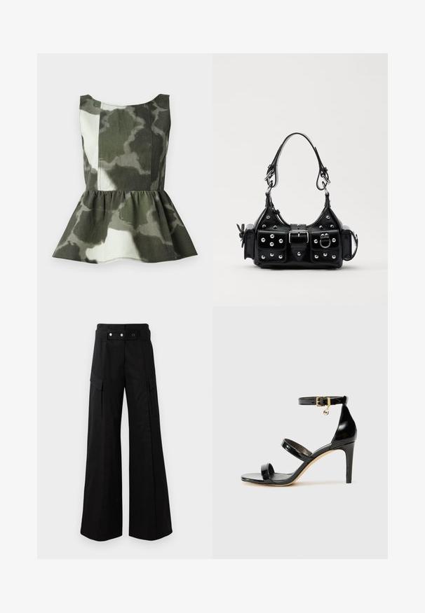 Roosa peplumi top, mis on valmistatud roheline ja beežis toonides kamuflaažimustriga kangast, omab vormitud kehaosa ja laiendatud volangiga allääri.; Mustad laiad püksid kõrge vöökohtaga, suured küljetaskud, kaks esimest nööpi ja silmuse detailiga. Valmistatud tugevast kangast.; Must musta nahk sandaal kolme rihmaga, pahkluu vööga ja 4-tollise stilettakontsaga. Omab kuldset detaili ja logovõtit.; Must värvi nahast käekott, millel on kaarjas disain, hõbedased nupukesed, kinnitusahe ja kaks külgtaskut. Reguleeritav rihm erinevate kandmisvõimaluste jaoks.