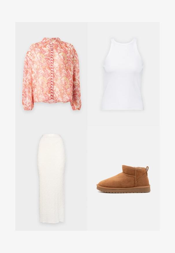 Blusa rosa trasparente con spirali floreali in rosso e oro, colletto rotondo, chiusura anteriore con bottoni, polsini elasticizzati e orlo dritto.; Top senza maniche bianco realizzato in tessuto a coste, caratterizzato da un collo arrotondato e una silhouette aderente, con cuciture minime e senza decorazioni.; Gina Tricot STRUCTURE MAXI SKIRT - Gonna lunga - white; Call it Spring JAMIELEE - Stivali da neve - camel