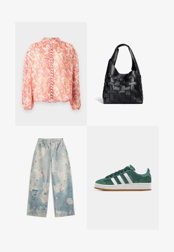 Priesvitná ružová blúzka s kvetinovými vírivkami v červenej a zlatej farbe, okrúly golier, zapínanie na prednej strane na gombíky, elastické manžety a rovný lem.; Čierny rebrovaný top bez rukávov s vysokým výstrihom. Má priliehavý strih a jemnú textúru.; Svetlomodré džínsy s voľným strihom, s poškodeným dizajnom a abstraktnými vzormi, ozdobené farebnými akcentmi pripomínajúcimi drahokamy.; Zelené semišové tenisky s bielymi koženými pruhmi, gumovou podrážkou, polstrovaným golierom a minimalistickým dizajnom. Obsahujú branding na boku.; Čierna kožená tkaná taška s voľným tvarom a širokým ramenným popruhom. Disponuje textúrovaným, prepleteným dizajnom s hladkým povrchom.