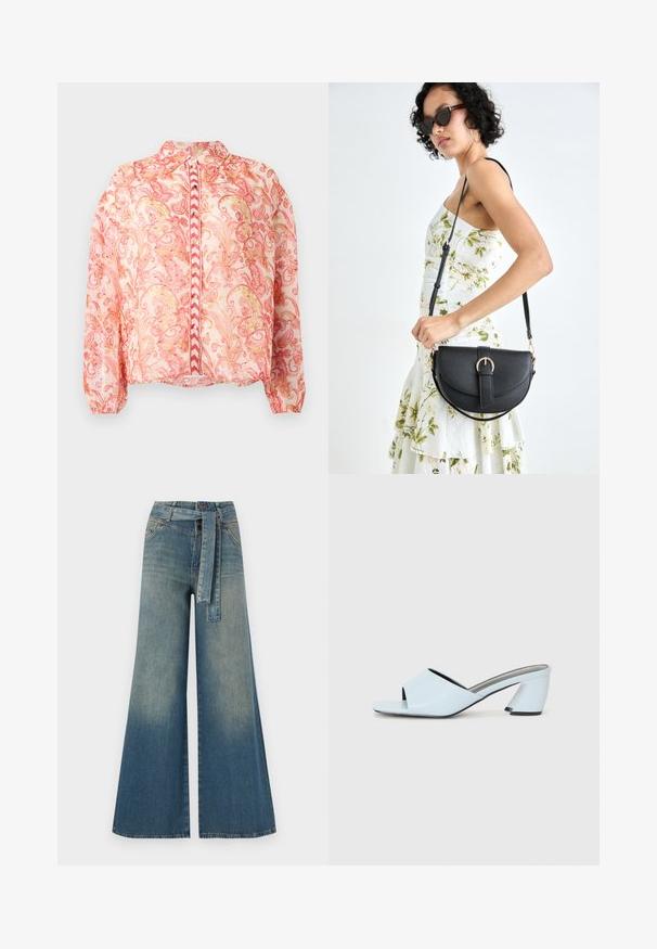 Átlátszó rózsaszín blúz piros és arany virágmintákkal, kerek nyakkal, elöl gombos záródással, elasztikus mandzsettákkal és egyenes aljjal.; Bőszárú farmernadrág, világos és sötétkék árnyalatokkal, magas derekú, övgyűrűkkel és a nadrággal megegyező anyagú övvel. Textúrált farmer kivitel.; Világoskék, nyitott orrú, sarkú mules cipő geometrikus mintázattal, széles pánttal a lábfejen és tömzsi, szögletes sarkal.; Fekete bőrtáska ívelt formával, levehető pánttal és arany színű fémrészekkel. A táskán egy csattal díszített fedél található.