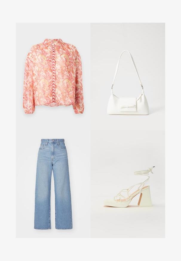 Blusa rosa trasparente con spirali floreali in rosso e oro, colletto rotondo, chiusura anteriore con bottoni, polsini elasticizzati e orlo dritto.; Jeans a vita alta blu chiaro con gamba larga, chiusura frontale con bottone e zip, tasche anteriori e posteriori, su uno sfondo bianco.; Sandalo bianco con tacco alto, caratterizzato da un design a cinturini e un legaccio alla caviglia. Texture liscia con una piattaforma frontale per un'altezza aggiuntiva.; Borsa sintetica bianca a forma triangolare, con patta anteriore piatta e dettaglio a fiocco, tracolla regolabile, texture liscia e design minimalista.