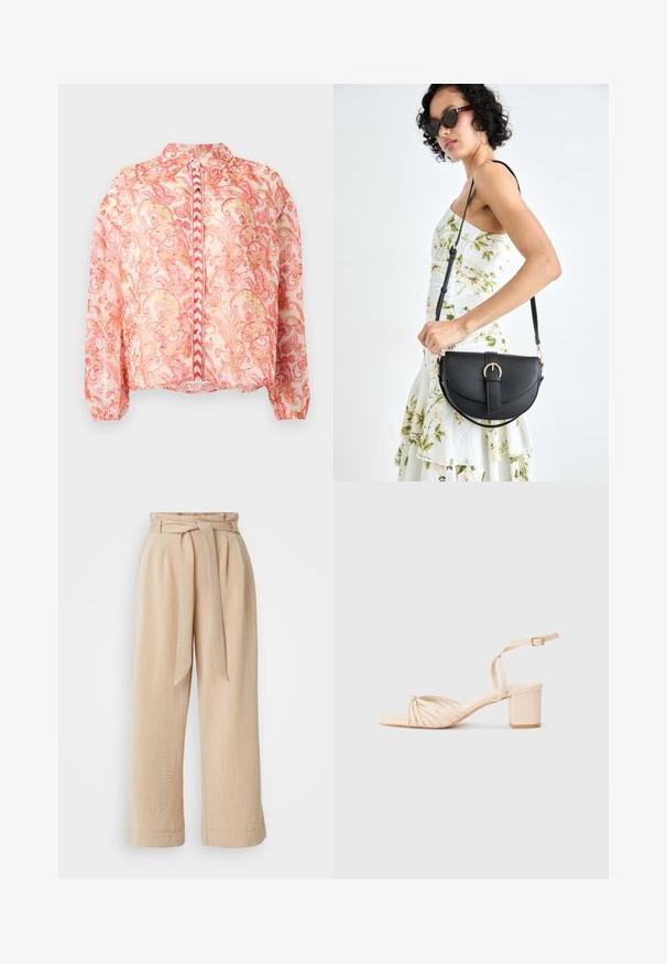 Priesvitná ružová blúzka s kvetinovými vírivkami v červenej a zlatej farbe, okrúly golier, zapínanie na prednej strane na gombíky, elastické manžety a rovný lem.; Béžové nohavice s širokými nohavicami a opaskom v páse, vyrobené z textúrovanej tkaniny. Má predné záhyby a hladký povrch na leme.; Béžové sandále na podpätku s pretiahnutým dizajnom na špičke, členkovým remienkom a blokovým podpätkom. Hladká textura, minimalistický štýl.; Čierna kožená kabelka s zaobleným tvarom, odnímateľným popruhom a zlatými doplnkami. Kabelka má klopu s detailom s prackou.