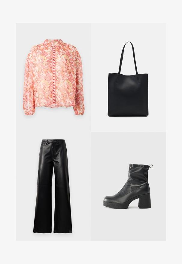 Sheer pink blouse with floral swirls in red and gold, rounded collar, front button closure, elasticized cuffs, and straight hem.; Black high-waist wide-leg faux leather pants with front button, zip closure, belt loops, and side pockets on white background.; Black ankle boots made of smooth leather, featuring a side zipper, chunky textured heel, and rounded toe design.; Black leather tote bag with smooth texture, rectangular shape, and two long handles. No visible hardware or embellishments.