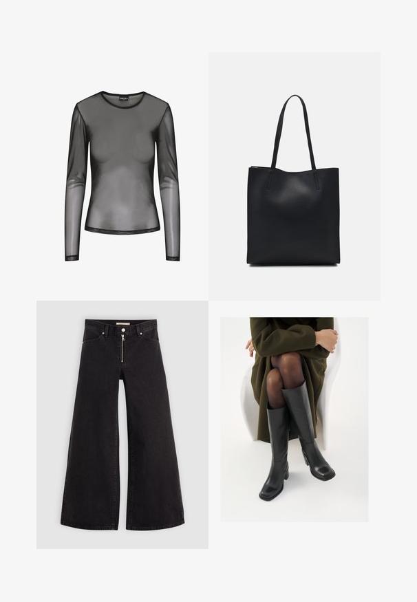Top negru cu mâneci lungi din plasă, cu decolteu rotund, fabrică transparentă și croială mulată. Marginile sunt finisate cu cusături negre.; Jeans cu picioare largi din denim negru, cu fermoar în față, design cu cinci buzunare și detalii subtile de cusătură. Textură netedă și stil casual.; Cizme din piele neagră, până la genunchi, cu vârf pătrat și toc bloc, prezentate pe un model așezat într-o haină verde măsline. Textură netedă, detalii minime.; Geantă tote neagră din piele, cu textură netedă, formă rectangulară și două mânere lungi. Fără hardware vizibil sau ornamente.
