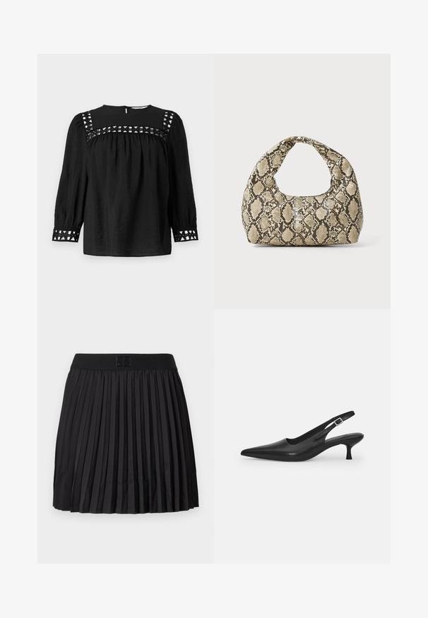 Fekete blúz, kerek nyakkivágással, puffos ujjal és dekoratív kivágott részletekkel a vállaknál és a mandzsettán. Texturált anyag.; Fekete, pliszírozott szoknya sima textúrával, egyszínű fekete derékrésszel és a fronthoz írt logóval.; Fekete bőr szandálcipő hegyes orral és karcsú, ívelt sarokkal. Diszkrét, állítható pánttal rendelkezik, fém csattal.; Kígyómintás kézitáska ívelt fogantyúval. Texturált, bézs és barna anyagból készült, jellegzetes gyémántmintával.
