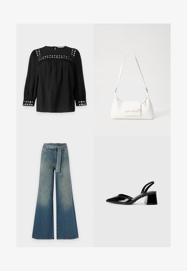 Črna bluzica z okroglim izrezom, nadihnjenimi rokavi in dekorativnimi izrezi okoli ramenskih in zapestnih delov. Tekstura blaga.; Široke jeans hlače z gradientom od svetlo do temno modre, visokim pasom, zankami za pas in pasom iz istega materiala. Tekstura denim končnica.; Črne lakirane slingback pete s koničastim nosom in geometrijsko blokasto peto. Imajo eleganten, minimalističen dizajn in gladko teksturo.; Bela sintetična torbica v obliki trikotnika, z ravnim sprednjim poklopcem in detajlom mašne, nastavljivim trakom, gladko teksturo in minimalističnim dizajnom.