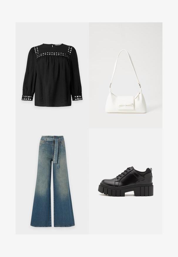 Melnā blūze ar apaļu kakla izgriezumu, izpušķotām piedurknēm un dekora izgriezumiem ap pleciem un aprocēm. Teksturēts audums.; Platām kājām džinsu bikses ar gaismas līdz tumši zilam gradientam, augstu jostas līniju, jostas cilpām un atbilstošu auduma jostu. Tekstūrēts džinsas apdare.; Melnas ādas platformas kurpes ar masīvu bloku papēdi, apaļu purngalu un tradicionālu saistīšanas dizainu. Izceļas ar gludu tekstūru un minimālu apdari.; Balta sintētiska soma ar trīsstūrveida formu, plakanu priekšējo vāciņu un loku detaļu, regulējamu siksnu, gludu tekstūru un minimālistisku dizainu.