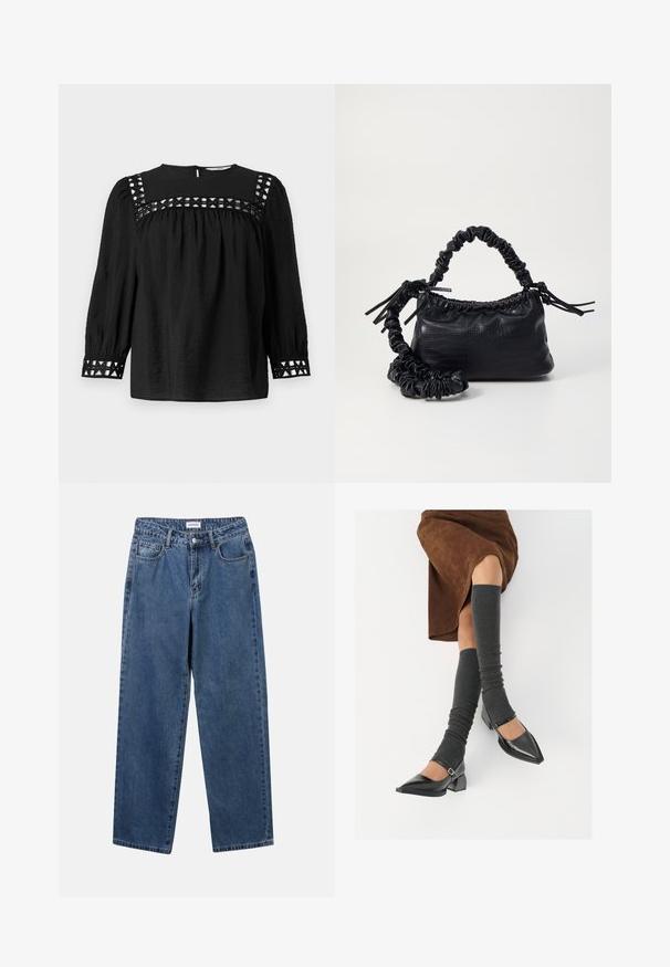 Fekete blúz, kerek nyakkivágással, puffos ujjal és dekoratív kivágott részletekkel a vállaknál és a mandzsettán. Texturált anyag.; Klasszikus kék farmernadrág egyenes szárú dizájnal, öt zsebbel és gombos zárással. Közepes mosású és strapabíró textúrával rendelkezik.; Fekete lakk bőrből készült, hegyes orrú cipők, tömbsarkúakkal és bokapánttal, szürke bordás lábszármelegítőkkel és barna velúr szoknyával párosítva.; Fekete műbőr kézi táska krokodil bőr textúrával, összehúzható tetejű és gyűrt pánttal. Lágy és kompakt dizájnúnak tűnik.