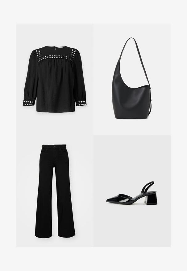 Schwarze Bluse mit runder Halslinie, Puffärmeln und dekorativen Ausschnitten an den Schultern und Bündchen. Strukturiertes Material.; Schwarze weit geschnittene Hose aus Denim, mit einem strukturierten Bund, Gürtelschlaufen und Fronttaschen. Glatte Textur mit klassischem Design.; Schwarze Lackleder-Slingback-High Heels mit spitzem Schuh und einem geometrischen Blockabsatz. Verfügt über ein schlankes, minimalistisches Design und eine glatte Textur.; Schwarze Leder-Hobo-Tasche mit einer glatten Textur, geschwungener Form und einem einzelnen verstellbaren Tragegurt; verfügt über eine weite Öffnung am oberen Ende.