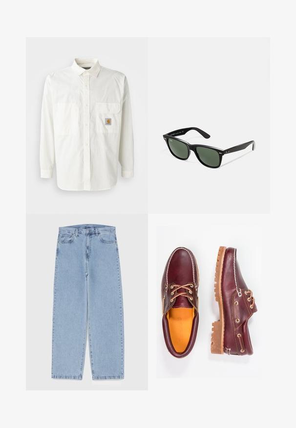 Bílá košile na knoflíky vyrobená z bavlny, s dlouhými rukávy, klasickým límečkem, dvěma předními kapsami a nášivkou s logem Carhartt.; Bílý bavlněný top na ramínka s kulatým výstřihem, širokými ramínky a rovním lemem, s hladkou texturou a bez viditelných vzorů.; Světle modré džíny s rovnými nohavicemi, středním pasem, pěti kapsami a zapínáním na knoflík a zip.; Burgundské kožené boty s hnědými gumovými podrážkami, kulatou špičkou, bílým prošíváním a zlatými očky. Interiér obsahuje žlutou podšívku.; Černé plastové sluneční brýle se zelenými skly, čtvercové obroučky, stříbrný detail na obočí a texturované stranice. Značka uvedená na vnitřní straně stranic.