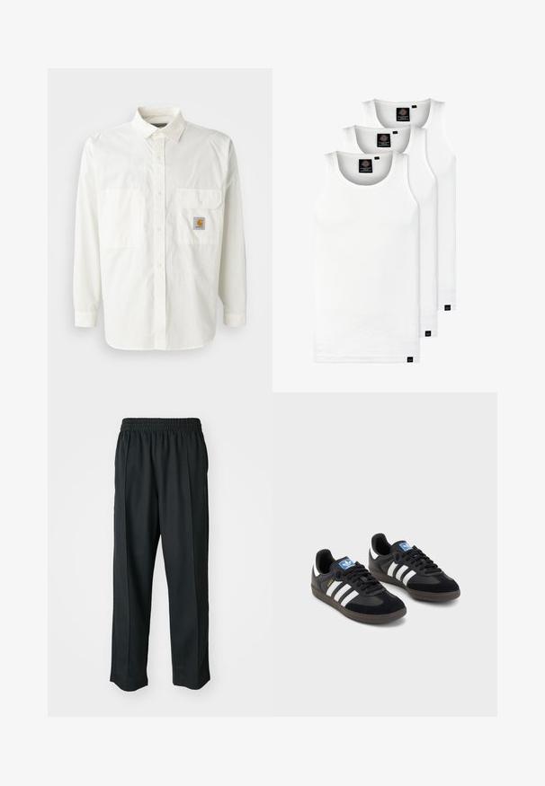 Weißes Baumwollhemd mit Knöpfen, langen Ärmeln, klassischem Kragen, zwei vorderen Taschen und einem Carhartt-Logopatch.; Drei weiße, gerippte Tanktops aus Baumwolle. Merkmale einen Rundhalsausschnitt und kleine schwarze Etiketten am Saum. In mehreren Größen erhältlich.; Schwarze Sporthosen mit elastischem Bund, aus glattem Stoff, mit dezenten Seitennähten und einem entspannten Schnitt, mit geradem Bein.; Schwarze Sneaker mit einem Obermaterial aus Wildleder und Synthetik, ausgestattet mit drei weißen Streifen, einer strukturierten Gummi-Sohle und einem blauen Logo-Tag auf der Zunge.