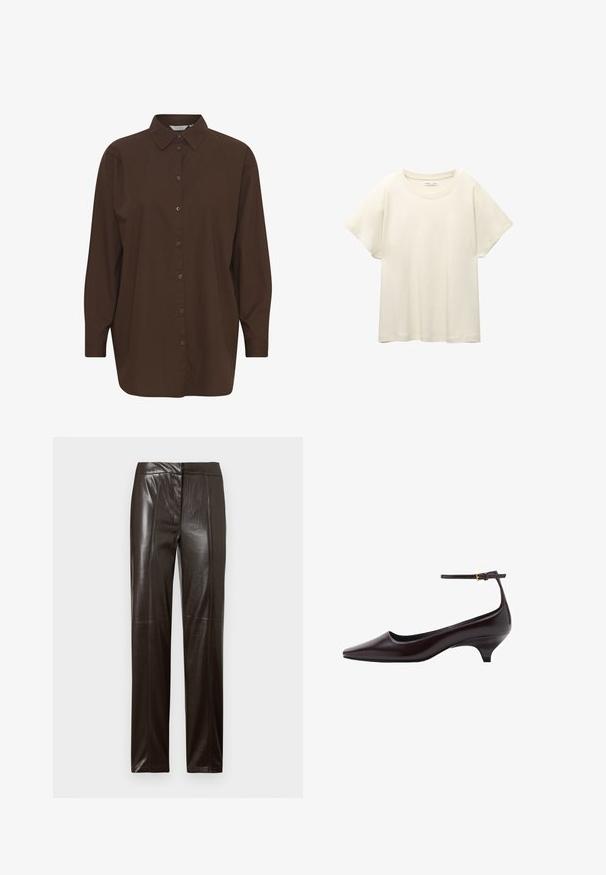Camicetta marrone con bottoni, colletto classico, maniche lunghe e vestibilità rilassata. Realizzata in cotone liscio con una trama uniforme.; Maglietta a maniche corte beige chiaro con scollatura rotonda, realizzata in un tessuto morbido e liscio. Presenta una vestibilità comoda e un orlo dritto.; Pantaloni in pelle dritti di colore marrone scuro con una finitura liscia e delicati dettagli delle cuciture lungo la parte frontale.; Scarpa in pelle marrone scuro con punta a punta, tacco kitten sottile, cinturino alla caviglia e piccola fibbia dorata.