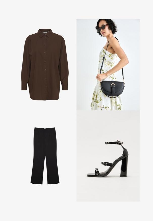 Brun skjorta med knappar, klassisk krage, lång ärm och avslappnad passform. Tillverkad av mjuk bomull med en enkel struktur.; Svarta byxor med rak passform, utrustade med framfickor och sidoklyvningar vid fållen. Tillverkade av mjukt, slätt tyg. Lämpliga för olika tillfällen.; Svarta lackerade högklackade sandaler med två spännband, fyrkantig tå och en tjock klack, med en slät och glansig yta.; Svart läderhandväska med en böjd form, avtagbar rem och guldiga detaljer. Väskan har ett lock med en spänndetalj.