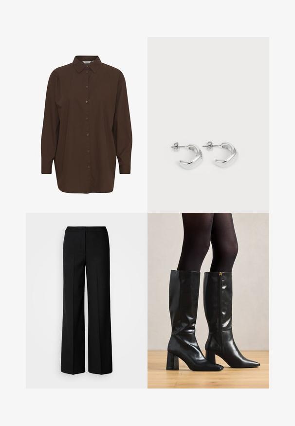 Rudas mygtukų marškiniai su klasikinėmis apykaklėmis, ilgomis rankovėmis ir laisvu siluetu. Pagaminti iš sklandžios medvilnės su paprastu tekstūru.; Juodos plačios kojų kelnės su lygia medžiaga, pasižyminčios aukštu liemeniu, pritaikytais siūlėmis ir minimalistiniu dizainu. Nėra matomų metalo detalių ar kišenių.; Juodų odinių batų iki kelių su blizgiu paviršiumi, smailia nosimi ir masyviu kulnu. Šone esanti užtrauktuko detalė, kad būtų lengviau užsidėti.; Sidabrinės auskarų kilpos su lygiu, blizgiu paviršiumi. Apvalios formos su šiek tiek išlenktu dizainu ir sumaišytomis briaunomis. Smeigtuko užsegimas.