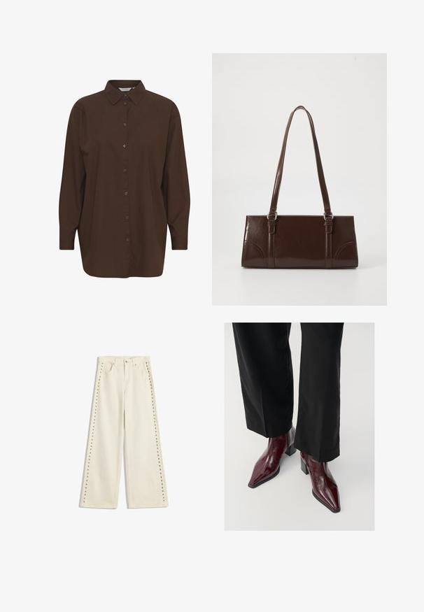 Brązowa koszula z guzikami, z klasycznym kołnierzykiem, długimi rękawami i luźnym krojem. Wykonana z gładkiej bawełny o jednolitej fakturze.; Jasno kremowe dżinsy o szerokich nogawkach z metalowymi wstawkami wzdłuż zewnętrznych szwów, pięcioma kieszeniami oraz standardowym zapięciem na guzik.; Bordowe lakierowane botki za kostkę z ostro zakończonym noskiem, masywnym obcasem i teksturowanym wykończeniem, w zestawieniu z czarnymi spodniami o szerokich nogawkach.; Brązowa torebka z lakierowanej skóry o prostokątnym kształcie, z dwiema długimi rączkami i subtelnymi zaokrągleniami z przodu.; Srebrne kolczyki w kształcie obręczy z gładkim, wypolerowanym wykończeniem. Okrągły kształt z lekko zakrzywionym wzornictwem i zaokrąglonymi krawędziami. Zapięcie na szpilkę.