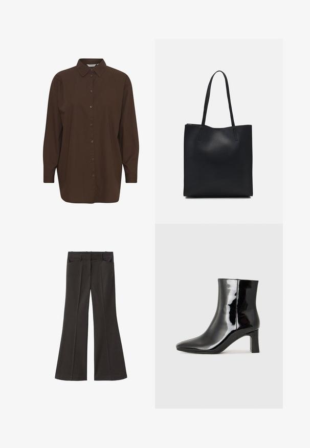 Brun skjorta med knappar, klassisk krage, lång ärm och avslappnad passform. Tillverkad av mjuk bomull med en enkel struktur.; Svarta utsvängda byxor med hög midja; har två framfickor och en mjuk tygtextur. Lämpliga för olika tillfällen.; Svart lackläder ankelboot med spetsig tå och en medelhög klack. Slät textur och minimalistisk design.; Svart lädertoffelväska med slät textur, rektangulär form och två långa handtag. Ingen synlig hårdvara eller dekorationer.
