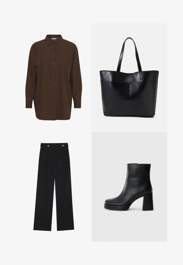 Brown button-up shirt with a classic collar, long sleeves, and a relaxed fit. Made from smooth cotton with a plain texture.; Black wide-leg trousers with high waist, button details on waistband, and front pleats.; Black leather ankle boot with a block heel and platform sole, viewed from the side on a plain white background.; Black leather tote bag with two long handles, a smooth texture, and a structured shape. Features a front pocket for additional storage.