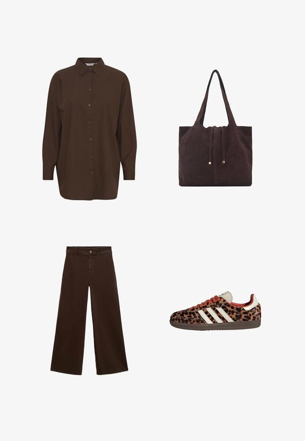 Brązowa koszula z guzikami, z klasycznym kołnierzykiem, długimi rękawami i luźnym krojem. Wykonana z gładkiej bawełny o jednolitej fakturze.; Brązowe spodnie o szerokich nogawkach z mieszanki bawełny, z postrzępionym dołem, przednim zapięciem na guzik i klasycznym pięciopocketowym wzorem. Minimalistyczne i uniwersalne.; Sneakers w nadrukiem lamparta z zamszowego materiału, czerwonymi sznurówkami i trzema białymi paskami z boku. Wyróżniają się kremowym językiem i brązową podeszwą.; Mango - Torba na zakupy