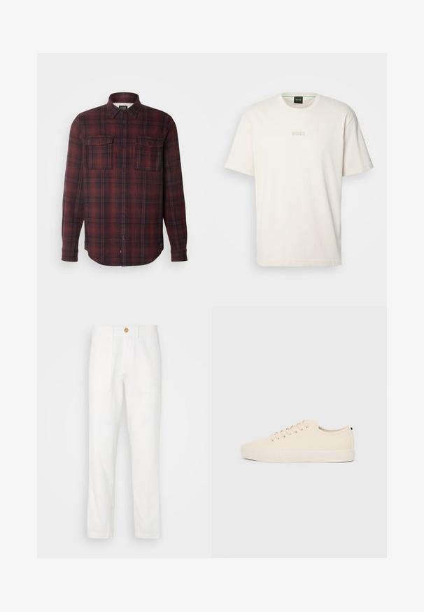 Piros és fekete kockás flanel ing gombos gallérral, két mellzsebbel és hosszú ujjakkal. Lazább szabású és ívelt alja van.; BOSS TEE - Basic póló - open white; Fehér szövetnadrág egyenes szabással, két elülső zsebbel és gombos záródással. Sima textúra és letisztult design.; Beige vászon sportcipők, kerek orral, lapos gumi talppal és fűzős elejével. Minimális dizájnnal rendelkezik, és kontrasztos fekete akcentussal a saroknál.