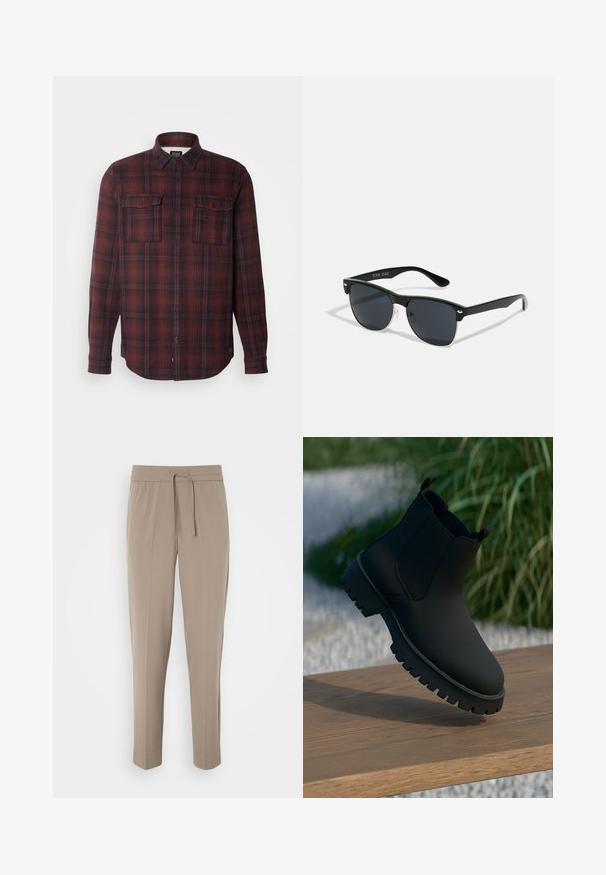 Camicia in flanella a quadri rossi e neri con colletto button-down, due tasche sul petto e maniche lunghe. Presenta una vestibilità ampia e orlo curvato.; Pantaloni beige chiaro con cintura elastica, cordoncino regolabile e gamba affusolata. Il tessuto appare liscio con una lieve lucentezza.; Stivale alla caviglia nero con finitura liscia, pannelli laterali elastici e una suola spessa e robusta. Ambientato su uno sfondo naturale su una superficie di legno.; Occhiali da sole neri con forma rettangolare, lenti scure, dettagli in argento alle tempie e finitura opaca sulla montatura.