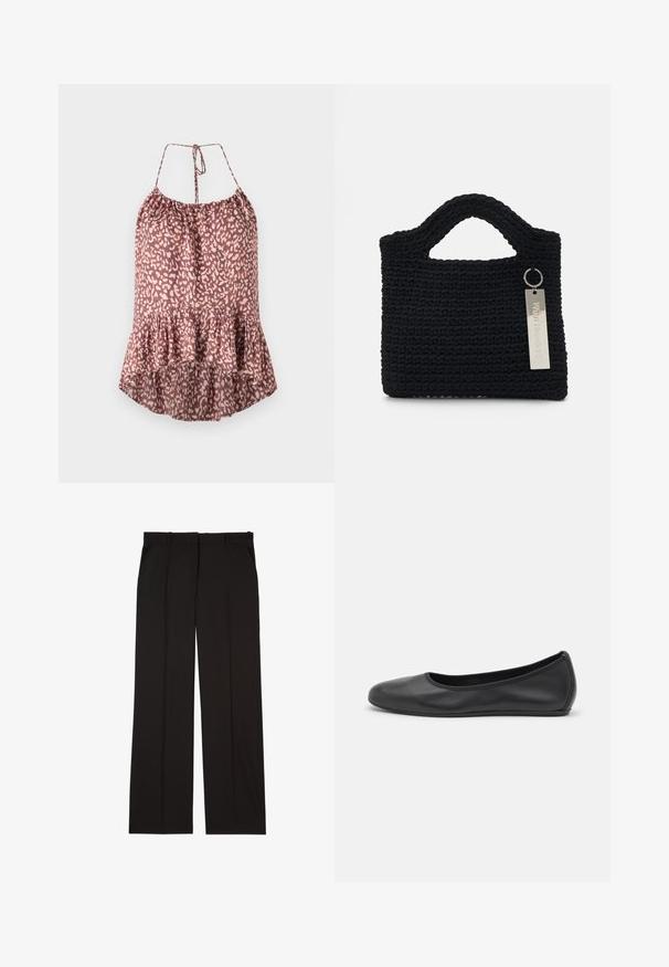 Structurert leopardmønstret cami i mauve og krem, med en svakt utvidet kant, justerbare knytebånd og et teksturert, lett stoff.; Sorte skreddersydde bukser laget av et glatt stoff, med rett ben-design og to sidelommer. Elegant og minimalistisk konstruksjon.; Svart skinnballettflatt med rund tå, glatt tekstur, minimal sømdetalj, og et fleksibelt såledesign.; Won Hundred MARSIELLE COMPUTER BAG UNISEX - Dataveske - black