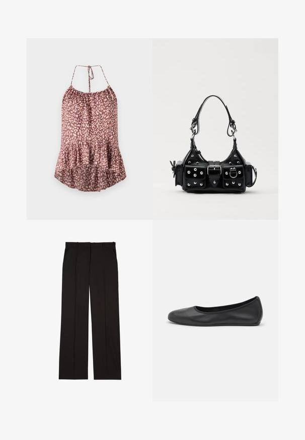 Leopard print camisole in mauve and cream, featuring a flared hem, adjustable tie straps, and a textured, lightweight fabric.; Black tailored trousers made of a smooth fabric, featuring a straight-leg design, and two side pockets. Elegant and minimalistic construction.; Black leather ballet flat with a rounded toe, smooth texture, minimal stitching detail, and a flexible sole design.; Black leather handbag with a curved design, featuring silver studs, a buckle, and two side pockets. Adjustable strap for carrying options.