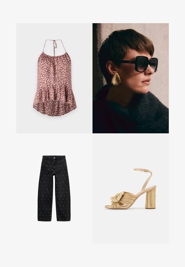 Camisole s leopardím vzorom v mauve a krémovej farbe, s rozšíreným lemom, nastaviteľnými viazacími ramienkami a textúrovanou, ľahkou tkaninou.; Čierne denimové nohavice s voľným strihom a vzorom malých strieborných očiek, so klasickým dizajnom piatich vreciek a zapínaním na gombík.; Zlaté sandále na podpätku s uzlom vpredu, s plisovanou štruktúrou a remienkom okolo členka. Blokový podpätok má ryhovaný dizajn, čo zlepšuje priľnavosť.; Čierne nadmerné slnečné okuliare s tmavými šošovkami a zlatými kovovými doplnkami, v kombinácii s veľkým, lesklým zlatým náušnicami vo forme kvapky. Tmavý textúrovaný šál.; Čierna prešívaná kabelka so zlatým reťazovým popruhom, ktorá má výrazný zlatý uzáver a malú nášivku, s textúrovaným koženým povrchom.