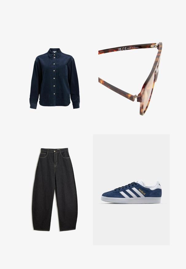 Camicia a maniche lunghe in velluto a coste di colore blu scuro, con bottoni frontali, taschino sul petto, colletto a punta e bottoni beige.; Pantaloni larghi in denim nero con vita alta, caratterizzati da cuciture gialle, due tasche anteriori e una chiusura con bottone singolo.; Sneakers in suede blu navy con dettagli in pelle bianca, tre strisce bianche e logo dorato "Gazelle". Suola in gomma rotonda, design low-top.; Occhiali da sole a fantasia tartaruga con lenti marroni, montatura in plastica e sottili accenti in metallo sulle cerniere. Fabbricati in Cina.