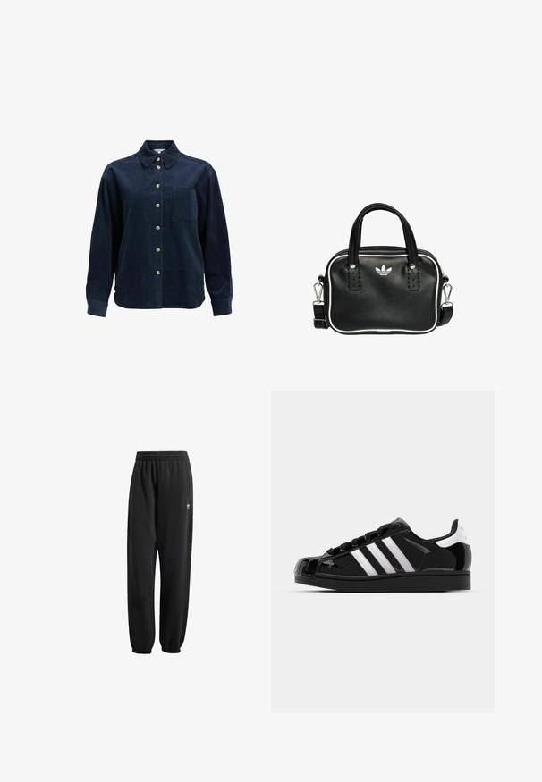 Donkerblauwe corduroy overhemd met lange mouwen, knoopsluiting aan de voorkant, één borstzak, gekruiste kraag en beige knopen.; Zwarte sweatpants van zacht, gestructureerd materiaal. Voorzien van een elastische tailleband, boorden en een klein wit logo nabij de heup.; adidas Originals SUPERSTAR II - Sneakers laag - core black/footwear white/gold metallic; Zwarte leren handtas met twee korte handvatten, zilverkleurige hardware, witte accenten en een wit logo. Heeft een gestructureerd oppervlak en een compact ontwerp.